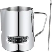 600ml Milk Frother Jug,Temp Control Milk Jug Temperature Control Jug with Latte Art Pen Portable (Silver)