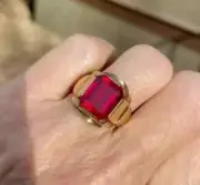 3Ct Emerald Cut Lab Created Red Garnet Men's Wedding Ring 14K Yellow Gold Plated