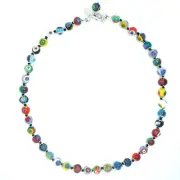 Murano Glass Necklace Multi Silver 42 Beads Millefiori Venice 46cm