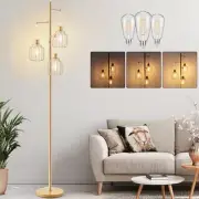 Dimmable Floor Lamp with 3 LED Edsion Bulbs, Farmhouse Tall Standing Lamp Gold