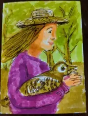 ACEO Original Art Ink Markers Young Lady Signed Bird