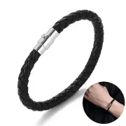 Black Braided Leather Silver Stainless Steel Cuban Chain Men's Bracelet Bangle