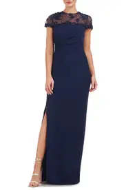 JS Collections Laney Rosette Embroidered Mesh Yoke Sheath Gown in Navy at Nordstrom, Size 4