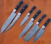 Handmade Damascus steel kitchen knife set, black resin handle with leather roll