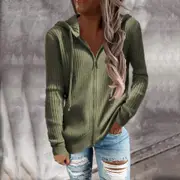 New Autumn and Winter Casual Solid Color Hoodie Loose Knitted Zipper Cardigan Long Sleeve Hooded Sweater Women army green XXL