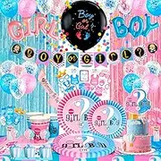 Gender Reveal Party Supplies,118pcs Gender Reveal Party Decorations & Tableware Set- Gender Reveal Plates and Napkins and Cups and Tableware & Boy or Girl Banner Balloons Fringe Photo Booth Props etc