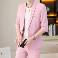 在飛比找蝦皮購物優惠-2023夏季新款素色七分袖西裝套裝男士韓版緊身青年休閒西裝兩