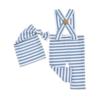 2Pcs Baby Boys Striped Button Backband Pants with Long Tailed Hat Two Pieces Set