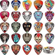 Guitar Picks,24 Pack Celluloid Thin, Medium, Heavy & Extra Heavy Picks with Tin Box,Unique Artistic Variety Pack Guitar Pick for Acoustic Guitar,Bass Guitar, Electric Guitar (Mix three)