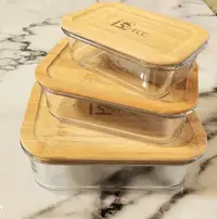 在飛比找Yahoo!奇摩拍賣優惠-☆竹蓋便當盒☆環保玻璃保鮮盒 環保餐具組 微波盒 玻璃盒 安