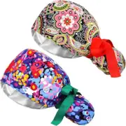 Surgical Caps Scrub Caps Women Ponytail 2PCS Satin Lined Cotton Working Hat S...