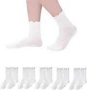 [JTYKUYR] 5 Pack White Ruffle Socks for Girls Uniform Socks Valentine's Day Gifts for Kids Love Textured Socks