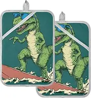 Pot Holders Heat Resistant Surfing Dino Potholders with Pockets Hot Pot Holders Oven Pads 2 Pack