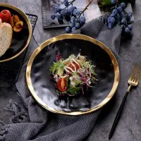 在飛比找Yahoo!奇摩拍賣優惠-歐式鍍金西餐牛排盤創意菜盤子家用陶瓷沙拉盤餐具圓形水果盤批發