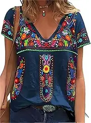 [Apvirdy] V Neck Mexican Shirts for Women Short Sleeve Floral Embroidered Tops Ethnic Style Loose Peasant Tee Shirt