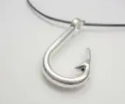 NAUTICAL SILVER RHODIUM FISHERMAN'S HOOK FISHING BLACK LEATHER CORD NECKLACE