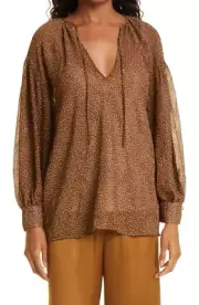 Vince Womens Blouse Plus XXL Brown Starry Dot Shirred Crinkle Chiffon Top $345