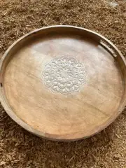 Handmade Wooden Lazy Susan | 15” Round Serving Tray with Mandala Carving Antique