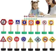 Toy Traffic Signs for Kids - 16X Children Road Traffic Signs Playset - Educational Wooden Building Blocks, Early Learning Game, Stop Safety Game for Party Favor
