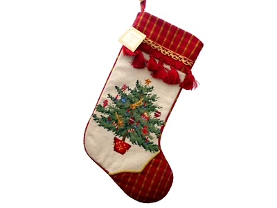 C & F Handcrafted Needlepoint Christmas Stocking Xmas Tree Maroon Back 17" NWT
