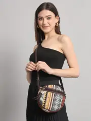 Women Vegan Leather Handmade Bags Grey Geomatric Round Sling Purse Medium Size