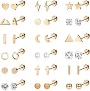 [Sanfenly] 18 Pairs Surgical Stainless Steel Stud Earrings For Women Men 20G Cartilage Earrings Studs Cross Moon Star Small Stud Earrings Gold Black Screw Flat Back Earrings Ear Piercing Studs Set