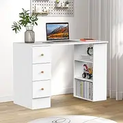 Ufurniture Computer Office Desk 110 * 48 * 75 cm Student Laptop Table Home Office Study Desk with 3 Drawers & Shelves (White)