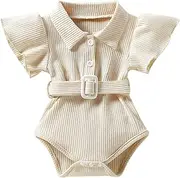 [Generic] Leotards for Young Girls Toddler Kids Infant Girls Cute Ribbed Flare Short Sleeves Romper Jumpsuit Belt Cloths Girls Leotards (Beige, 12-18 Months)