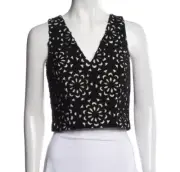 Alice + Olivia Black Floral Crop Top V-Neck Full Zip Back Laser Cut Size 12 NWT