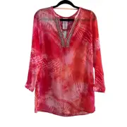 Chico’s Pink Tie Dye Embellished Kurta Tunic Top Size 1 (8/10) Pink Lotus Sheer