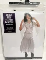 GHOST GIRL Skeleton Halloween Costume Hooded Dress Up Bones Child XL 14-16 New