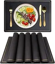 Excovip Leather Placemats for Dining Table, Set of 6，Waterproof Wipeable PU Leather Place Mats Stain-Proof Non-Slip Table Mats for Easter Thanksgiving Christmas New Year Party Home Decor(Black)
