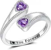 [SAIERMEI] Heart Birthstone Rings for Women: 925 Sterling Silver Girls Promise Ring - Adjustable Open Double Love Heart Stones Rings for Mother Daughter Wife Birthday Gift