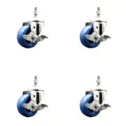 3.5 Inch 316SS Solid Polyurethane Swivel 3/8 Inch Threaded Stem Caster Set Brake