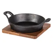 Davis & Waddell Fine Foods Cast Iron Round Skillet with Acacia Trivet Black & Natural 24.5x18.5x7.2cm