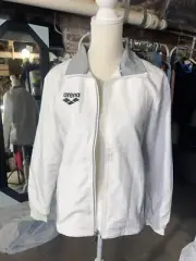 Arena windbreaker full zip jacket raincoat long sleeve tie cuff white grey NWT
