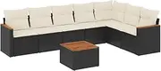 vidaxl Outdoor Garden Sofa Set - 8 Piece Modular Patio Furniture - Black Poly Rattan with Cream Cushions - Acacia Table top - Modern Design for Patio/Terrace/Lounge
