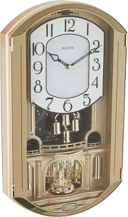 Bulova C4900 Golden Music Wall Clock | Gold-Tone Case with Rotating Crystal Pend