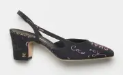 Chanel 22P Mademoiselle Coco Sling Black Grey Denim Slingback Sandal Heel 37.5