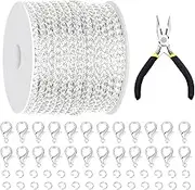Glarks 102Pcs 30 Feet Jewelry Chains Set Silver Cable Link Chains Link Rolls Bulk Twisted Links Chain Necklace Jewelry Making Chains with Lobster Clasps and Jump Rings for Necklace Jewelry Making