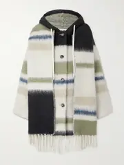 [LOEWE] LOEWE - Hooded Fringed Scarf-detailed Striped Wool-blend Coat - White - small small White