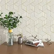 Gold and White Geometric Wallpaper Peel and Stick Wallpaper Hexagon Removable Self Adhesive Wallpaper Gold Stripes Geometric Paper Vinyl Film Decorative Shelf Drawer Liner Roll Waterproof17.7”×393”