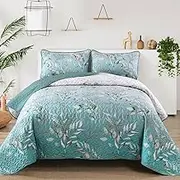 Aninbedding Floral King Quilt Set,3 Piece Gradient Aqua Green Flower Pattern Bedspread Coverlet Set for All Season,Soft Lightweight Microfiber Bedding Set(104"x90")