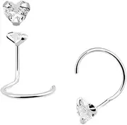[DENI] 2 Sterling Silver Nose Stud Earrings with Large 3mm Heart Shaped Stone Cubic Zirconia with Stunning Shine and Curved Stem, Thickness 0.6mm, Length 6.5mm, 6.5mm Largo, Silver, No, 6,5mm largo,