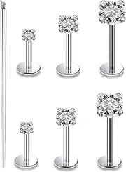 [Oufksiyy] 20G 18G 16G Internal Thread Flat Back Earrings Studs F136 Titanium Nose Nose Stud Tragus Cartilage Lip Medusa Piercing Jewelry Hypoallergenic Taper Needles Cubic Zirconia 6mm 7mm 8mm