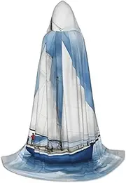 SKKNT Blue Sailboat 1 Print Halloween Hooded Cloak Full Length Cape With Hood For Men And Women For Carnival
