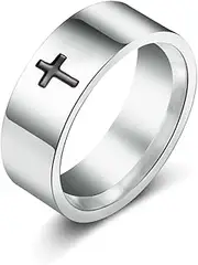 [COLORFUL BLING] 6MM Simple Polished Engraved Cross Stackable Ring Stainless Steel Silver Christian Cross Ring Sideways Religious Wedding Band Jewelry