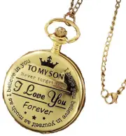 'To My Son I Love You Forever' Quartz Analog Pocket Watch Pendant Necklace Chain