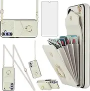 [Asuwish] Phone Case for Samsung Galaxy A14/M14 5G Wallet Cover with Tempered Glass Screen Protector and Crossbody Wrist Strap Ring RFID Blocking Card Holder Slot Cell A 14 4G 14A 14M G5 Women Off White