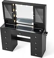 LINSY Vanity Desk with Mirror and Lights, 3 Adjustable Brightness Modes, Black Makeup Vanity with 9 Drawers & 2 Cabinets, Dressing Table with Charging Station & Hair Dryer Stand, Vanity with Glass Top